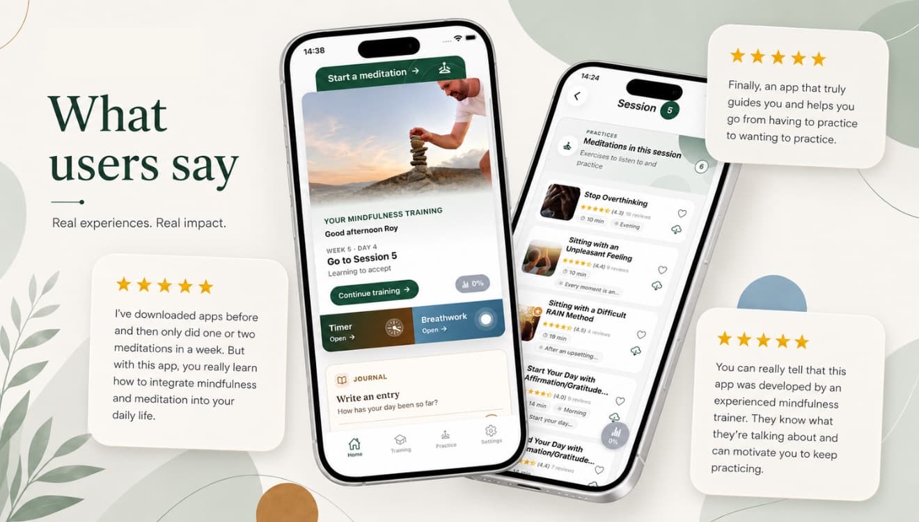 The Awaren app in view: the home screen with your mindfulness training and sessions, surrounded by participant reactions