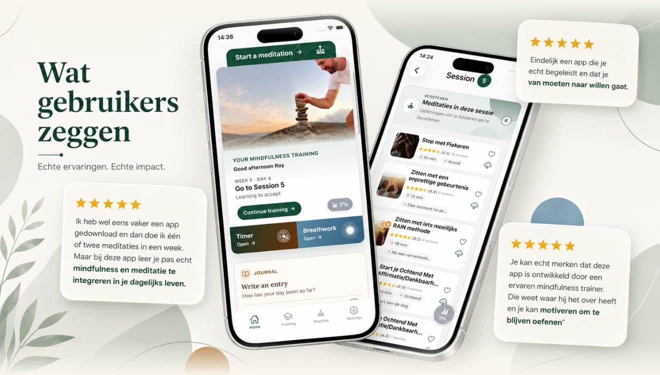De Awaren-app in beeld: het startscherm met je mindfulnesstraining en sessies, omringd door reacties van deelnemers